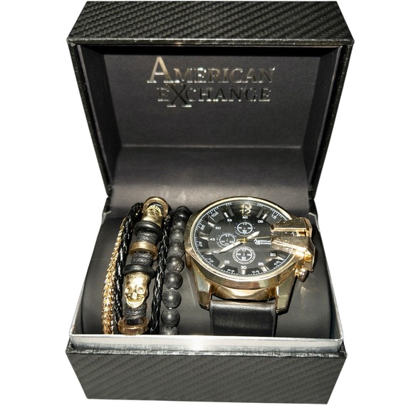 NIB American Exchange Mens Black Chronograph Watch 55mm & Stackable Bracelets - Picture 1 of 16